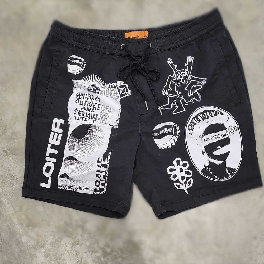 LOITER MEN'S ATHLETIC GRAFITTI EDGY GRAPHIC ART SHORTS or SWIM TRUNKS SIZE L
